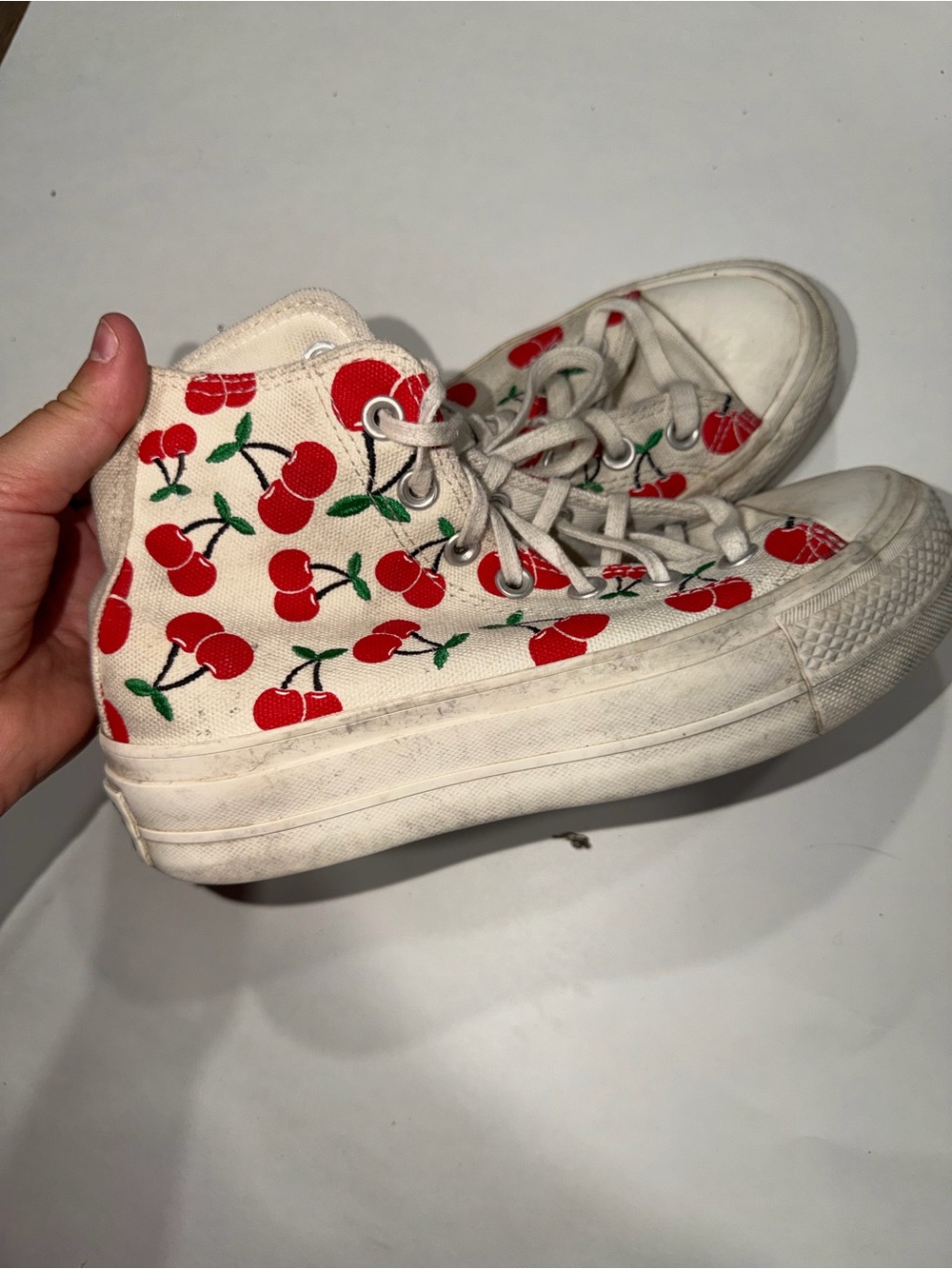 Women’s High-Top Canvas Sneakers with Red Cherry Print